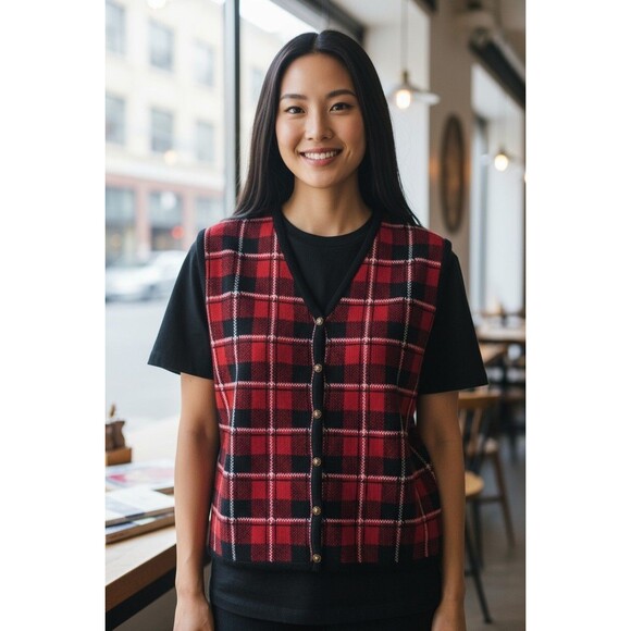 Croft & Barrow Sweater Vest Women’s Size Large Red Black White Plaid V Neck - Picture 1 of 3